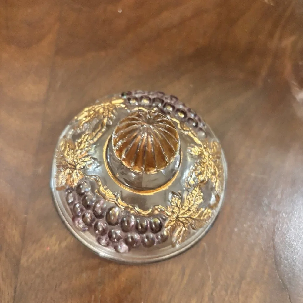 Vintage Mosser Glass Grape Covered Sugar Bowl Purple Grapes Gold Trim Candy Dish